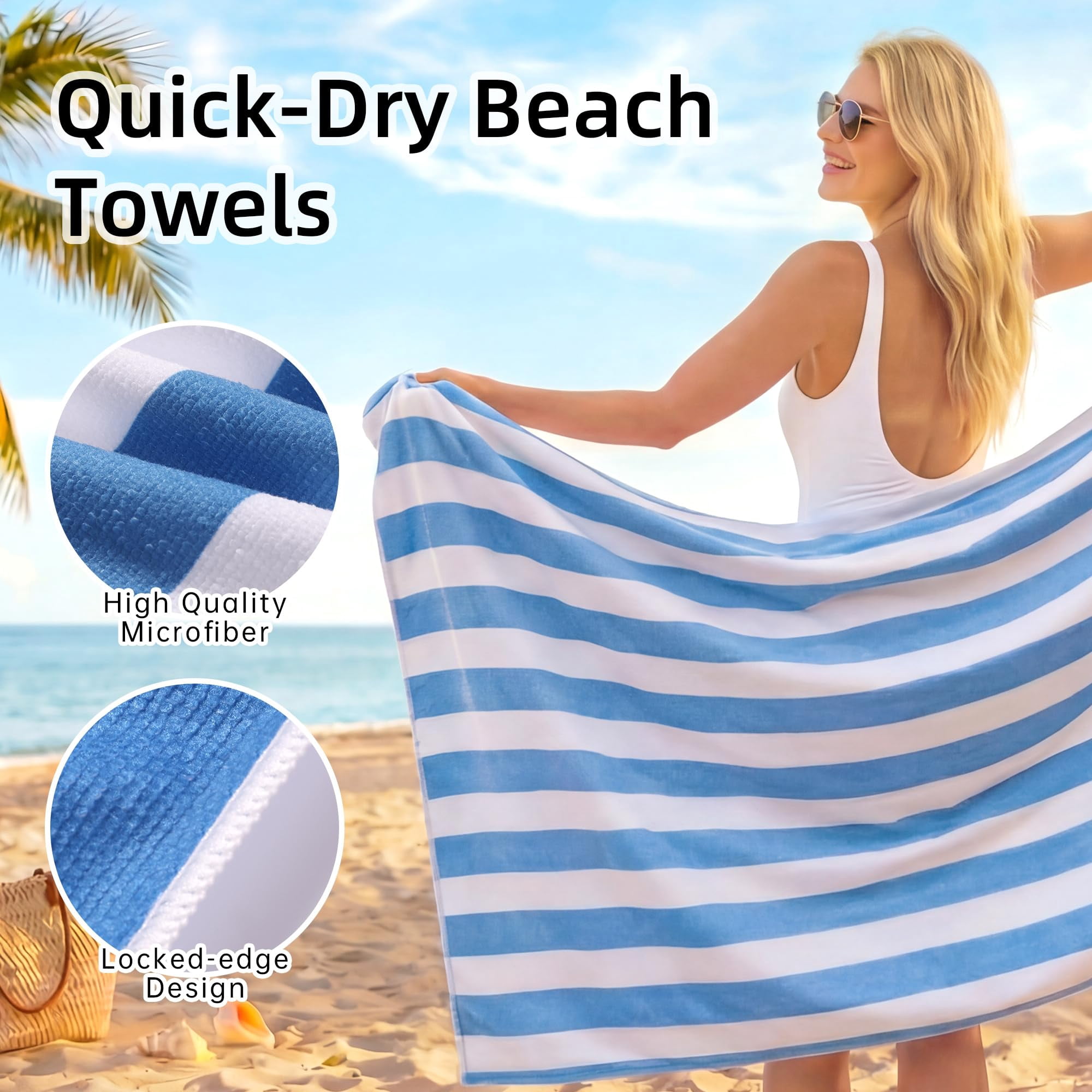 JOYMOOP Beach Towel with Travel Storage Bag-3 PCS, 69.3” x 34.6” 100% Polyester Fiber Highly Absorbent Bath Towels for Beach, Quick Dry Sand Free Lightweight Towels, Blue & White