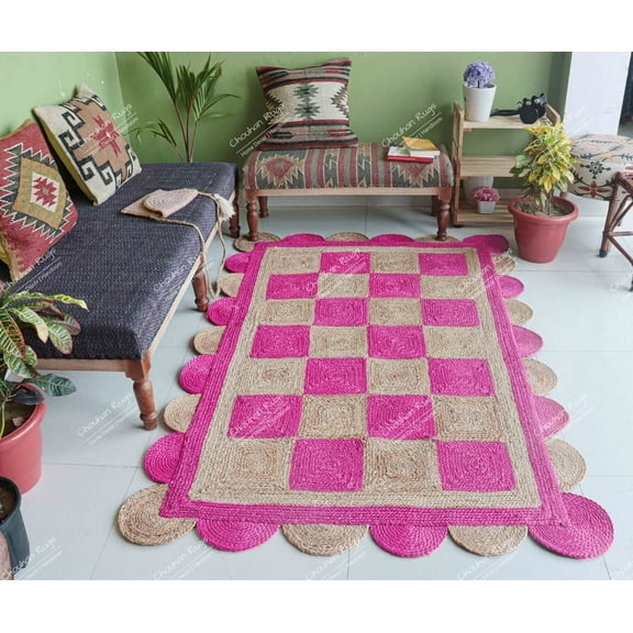 Chouhan Rugs Natural Jute Scalloped Box Design Rug Bohemian Rug Decor Rug Handwoven Rug Custom Rug Decorative Rug