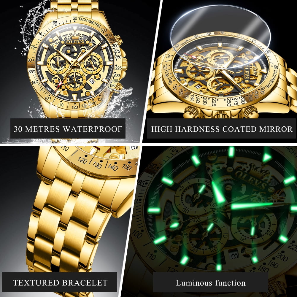 OLEVS Watches for Men Waterproof Luxury Dress Analog Quartz Chronograph Fashion Gold Plated Stainless Steel Luminous Date Classic Mens Wrist Watches Reloj Para Hombre Gold/White/Black Dial