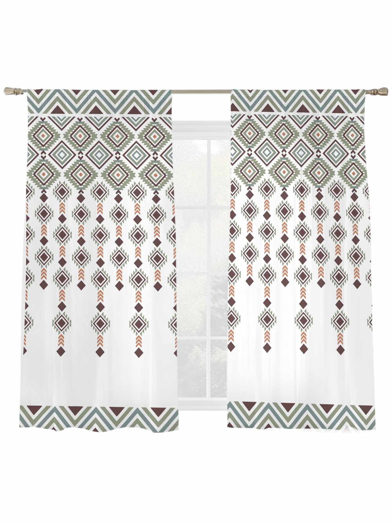 Sheer Curtain Panels Boho Diamond Voile Window Curtains Bohemian Geometric Stripes Beads Window Treatments Ligh Filtering Privacy Curtain Drapes for Bedroom Living Room 2 Panel Set 63 Inch