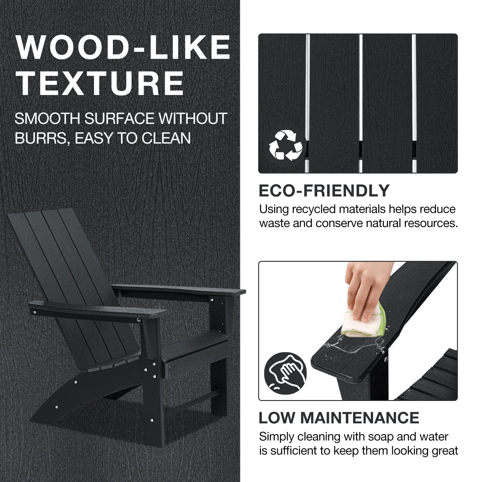 Garpans Adirondack Chair All Weather Outdoor Adirondack Chair HDPE Outdoor Chair for Patio Front Porch Pool Garden Deck Fire Pit Outside, Black