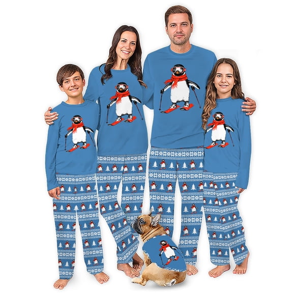 Penguin Skiing Christmas Pajamas For Family And Dog, Matching Pjs With Extended Size, Size NB - Men 6XL