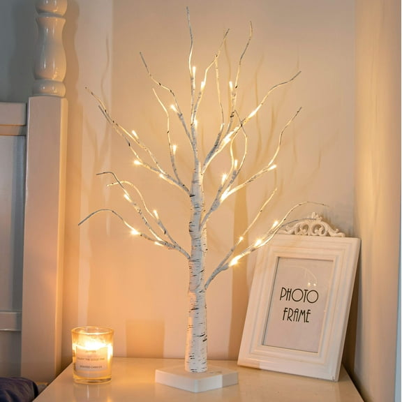 Artificial Tree for Christmas Decorations, 2FT Birch with LED Lights, Warm White Fairy Lights Spirit Lamp Home Indoor Tabletop Centerpiece, Battery Powered, Timer