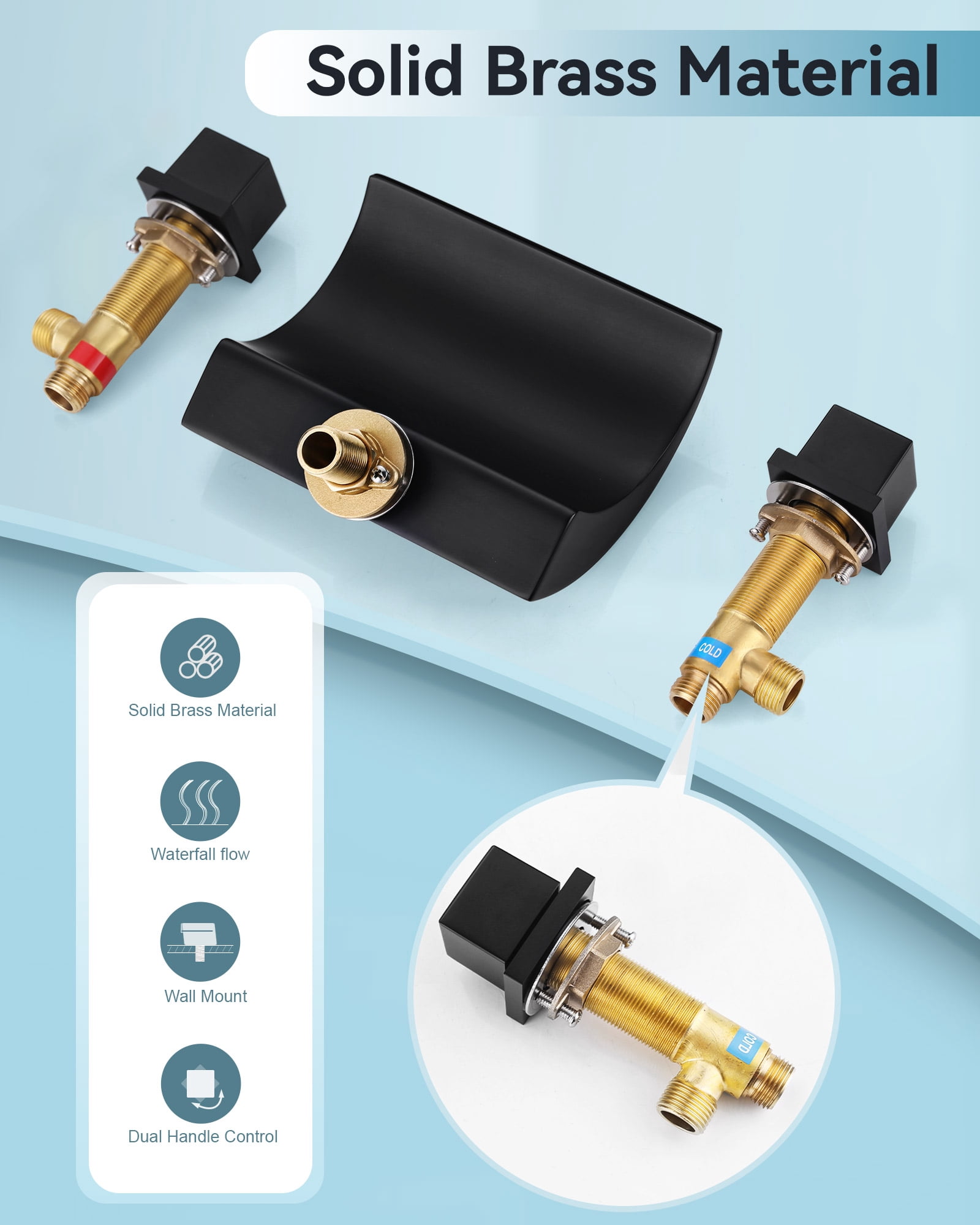 Wowow 2 Handle Waterfall Tub Faucet, Brass 3-Hole Bathtub Faucet, Matte Black