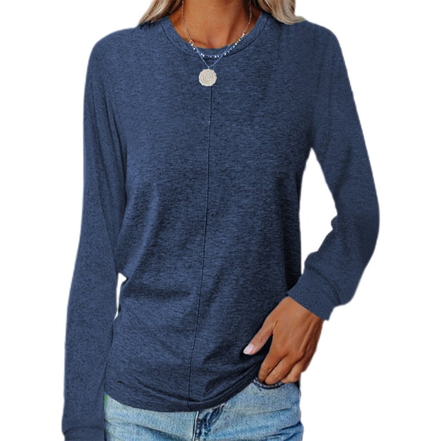 MAWCLOS T-shirt pour Femmes Col Rond T-shirt Manches Longues Tee Décontracté Travail Tunique Unie Blouse Bleu Marine P