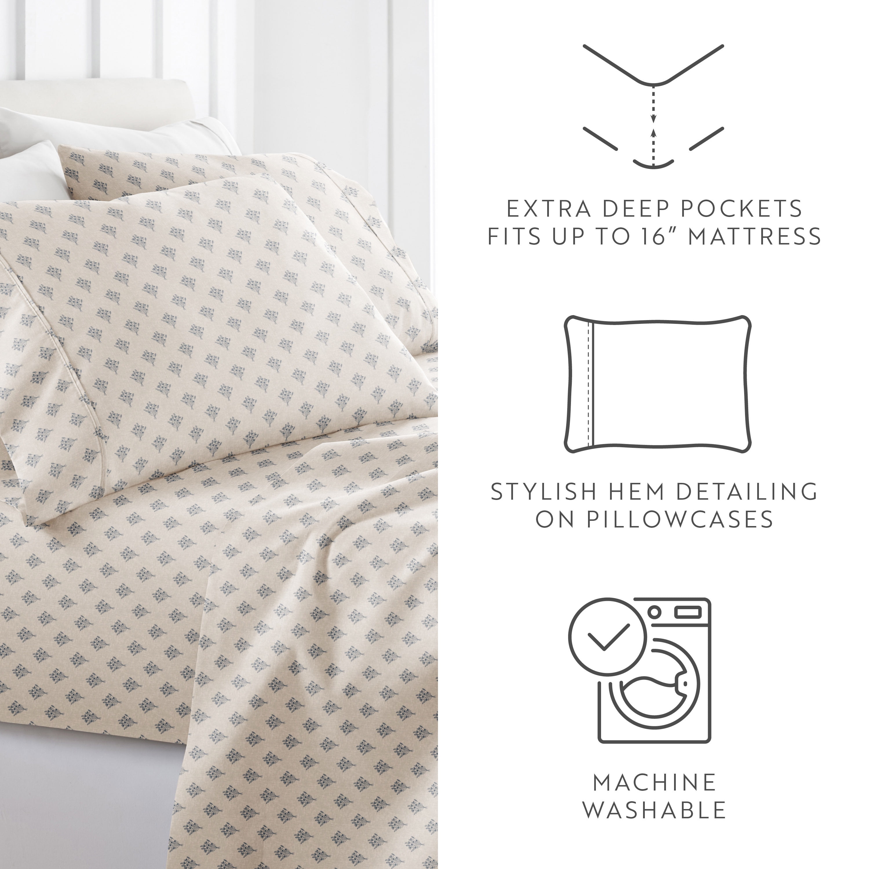 Noble Linens 4 Piece Pattern Microfiber Bed Sheets Set, Floral Bouquet Stone, Full