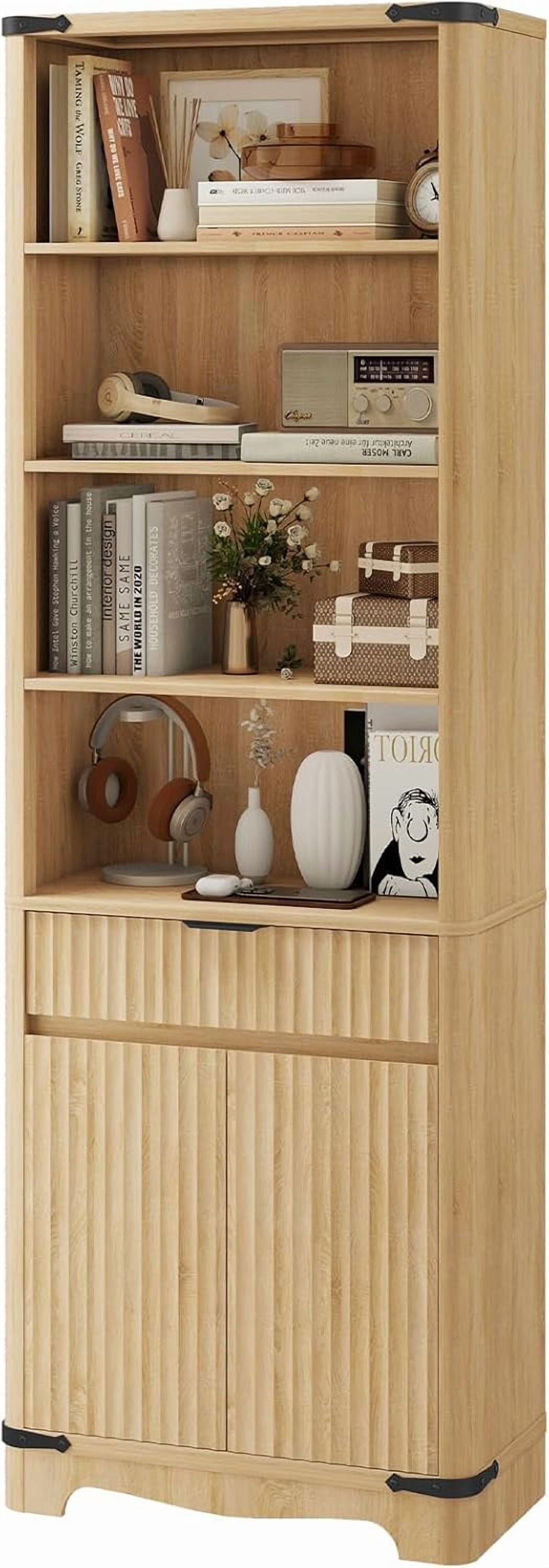 Vabches 70'' Tall Bookcase with 2 Doors and Drawer, Fluted Narrow Storage Cabinet with Metal Handle and Round Edge 6, Oak Shelves