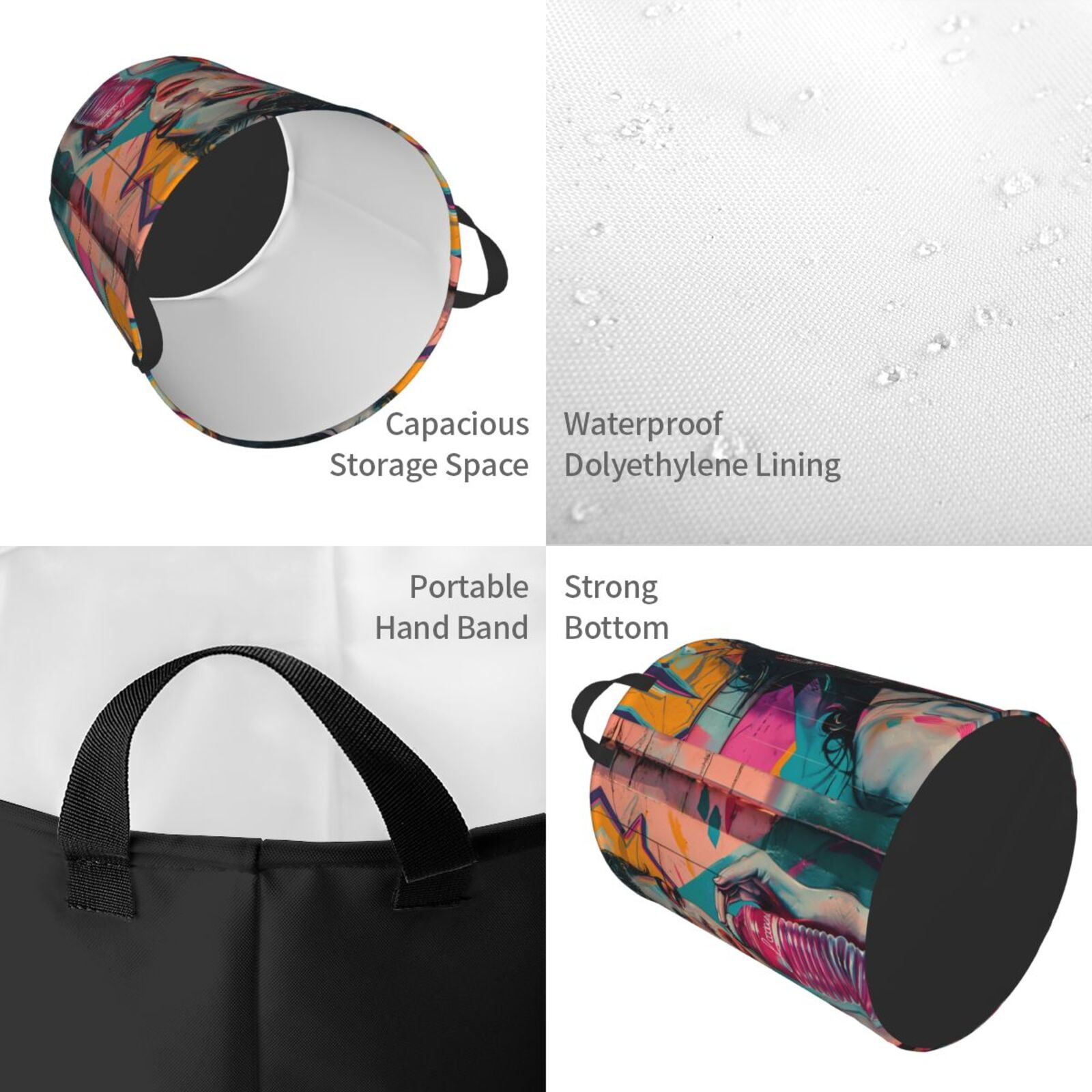 Large Laundry Basket with Handles - Vibrant Street Art Portrait Kids Baby Dirty Clothes Laundry Hamper for Bedroom Aesthetic
