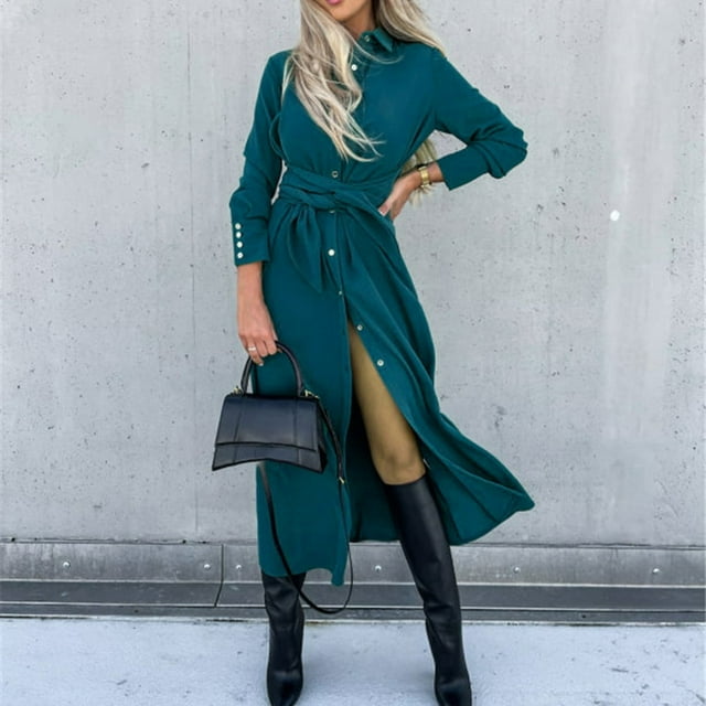 Robe Maxi Décontractée pour Femme à Manches Longues, Robe Élégante à Volants, Col en V, Tenue de Vacances