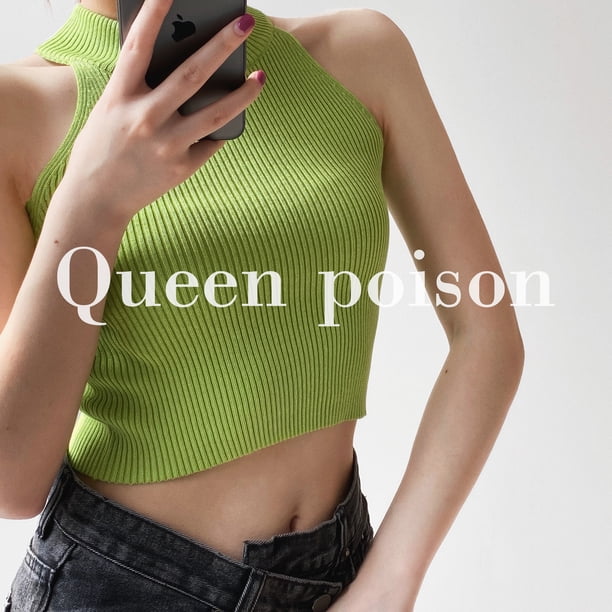 VISgogo Mujeres Acanalado Halter Tank Tops, Adultos Sin Mangas Color Sólido Cuello Redondo Knit Crop Tops VISgogo moda