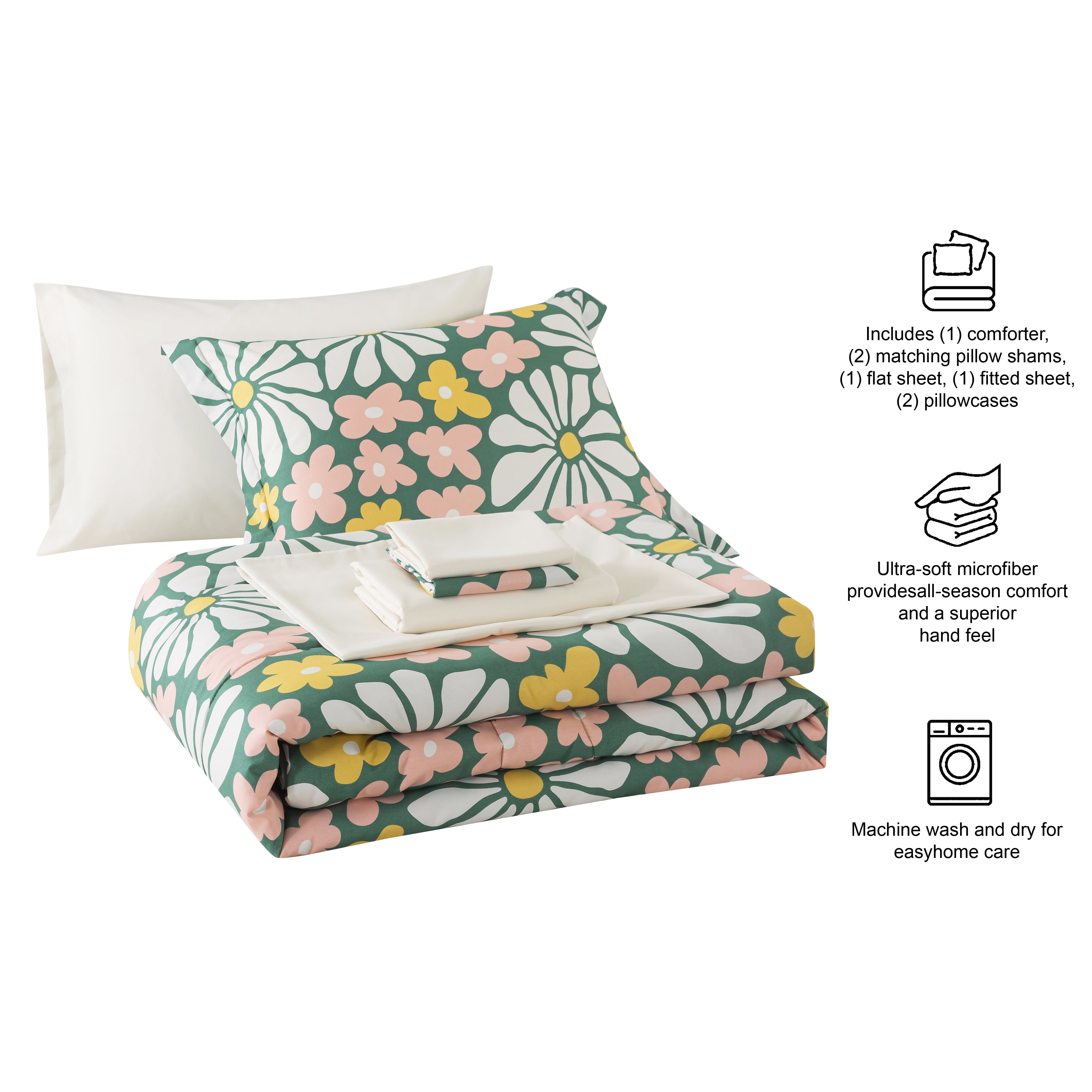 Mainstays 7 Piece Reversible Bed in a Bag Comforter Set with Sheets, Retro Floral, Queen