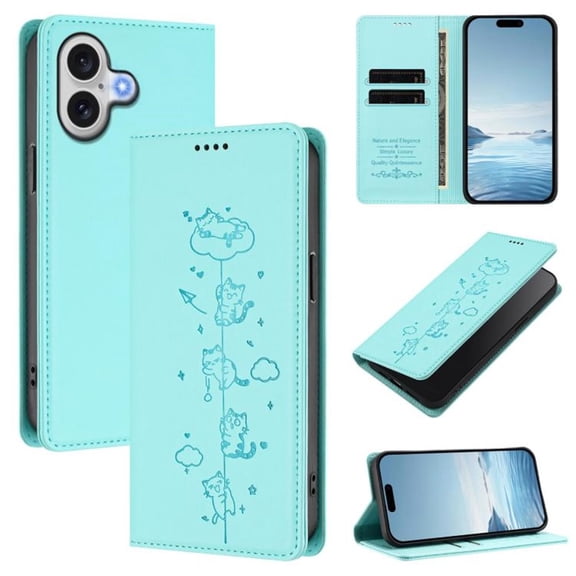 Leather For iPhone 16 , RFID Blocking Protection, Playful Cats Embossed Flip Wallet Leather Case With Card Holder Magnetic Closure Phone Cases Cover,Green,For iPhone 16