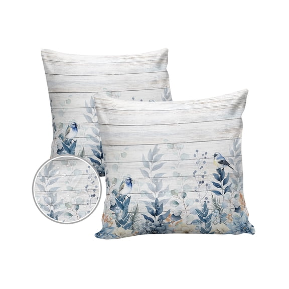 Pack of 2 Outdoor Pillow Covers, Blue Christmas Flower Poinsettia Robins Eucalyptus Wood Grain Waterproof Square Throw Pillowcase Cushion Decorative Pillow Covers for Couch Patio Tent, 16x16 in