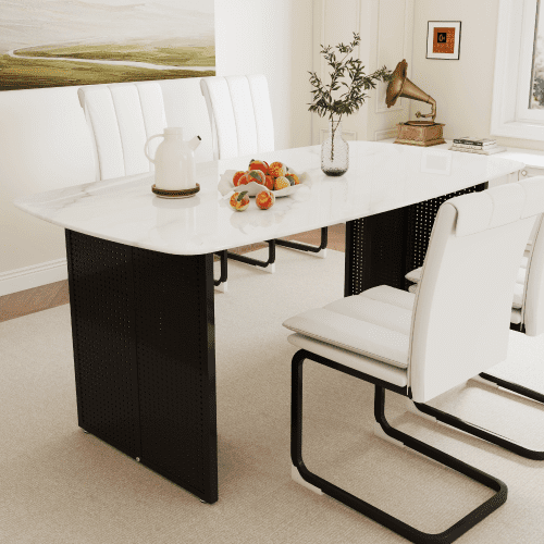Modern-Style Rectangular Tempered Glass Dining Table for 6, Featuring a Marble-Patterned Design with black Hollow-Out Metal Legs, an Ideal Dining Table for Living Rooms and Home Offices.