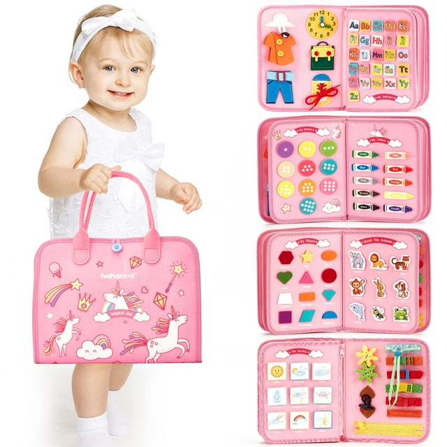 Juguetes Montessori de Busy Board hahaland, regalo para niñas de 2 años, 7 en 1