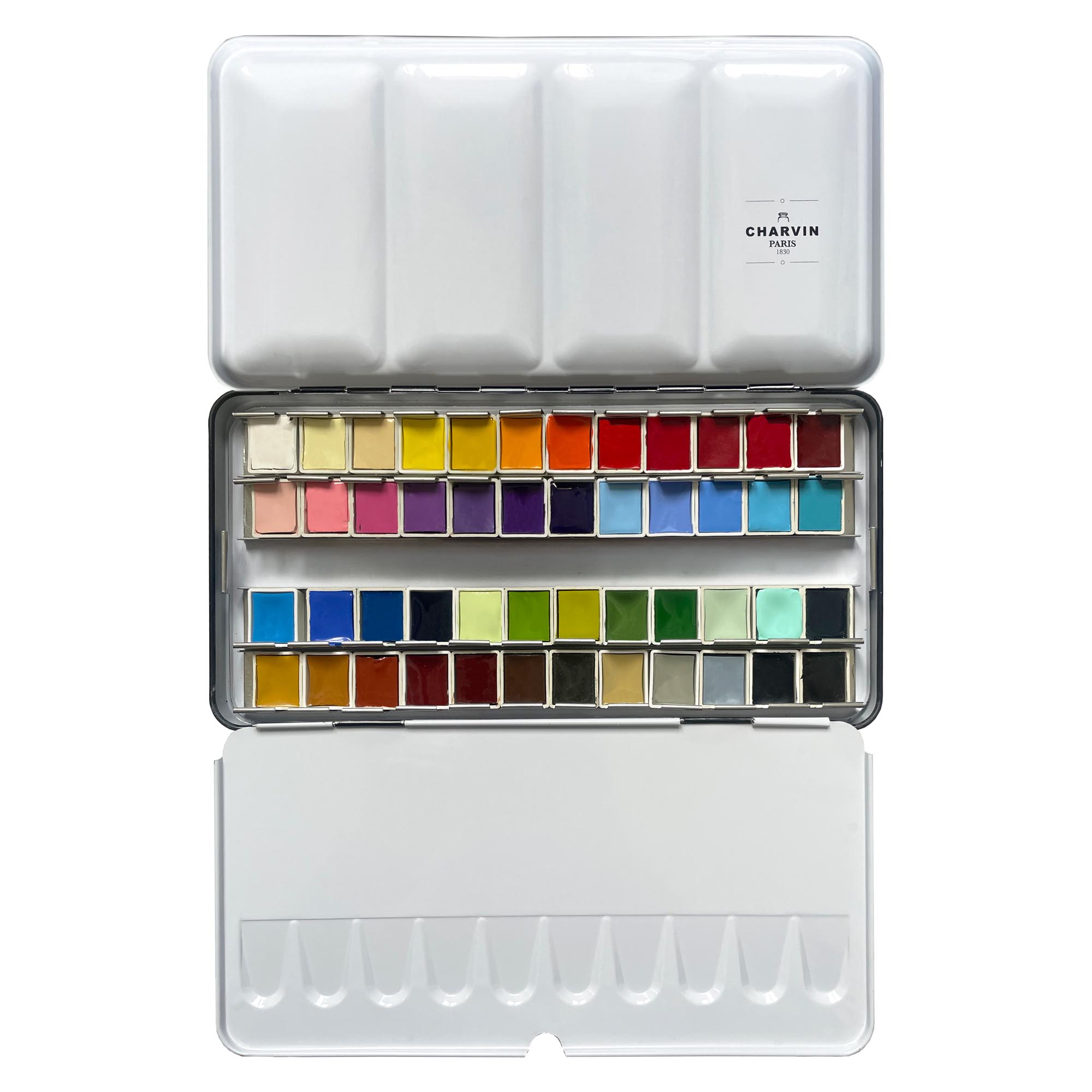Charvin Extra-Fine Professional Watercolor Paint Set -  Watercolor Half Pan Set of 48, Made in France, Smooth Shellac-Like Finish, Transparent Pigments, Ideal for Layering & Mixed Media