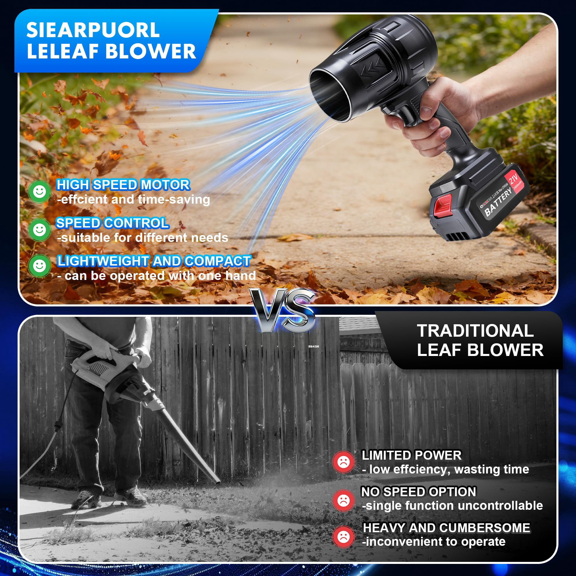 Cordless Leaf Blower 21V, Lightweight & Powerful with 2 Batteries and Charger, High-Speed Electric Blower for Lawn, Yard, Patio & Driveway Cleaning