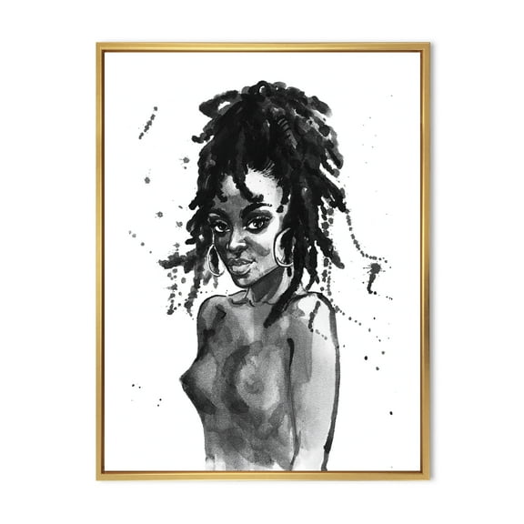 Designart 'Black and White Portrait of African American Woman V' Modern Framed Canvas Wall Art Print
