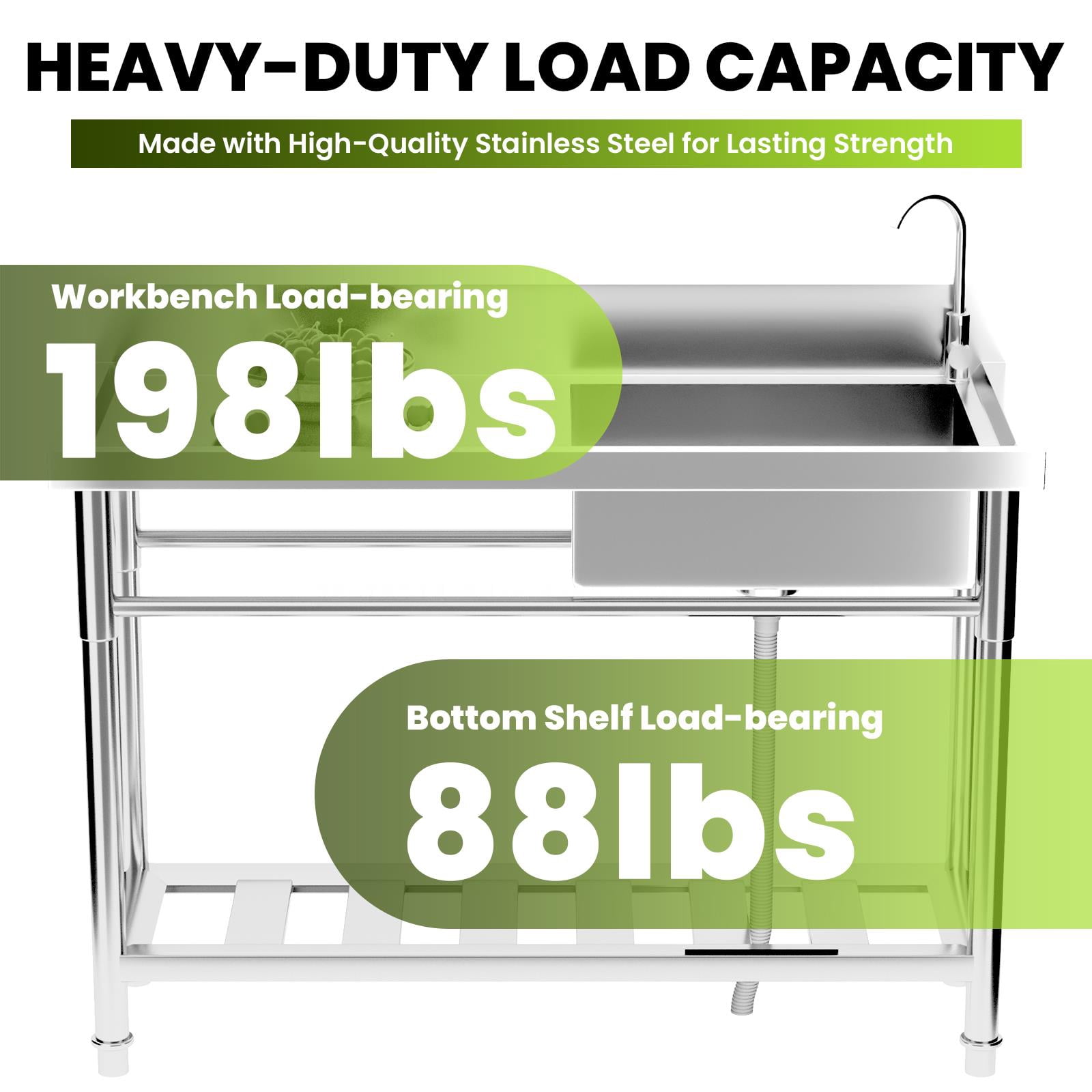 Stainless Steel Commercial Sink, Freestanding Single High Capacity Utility Sinks, with Pull-Out Faucet & Storage Shelf, for Kitchen, Laundry Room, Garage, Outdoor Garden – 47.3" x 18.5" x 33.6"
