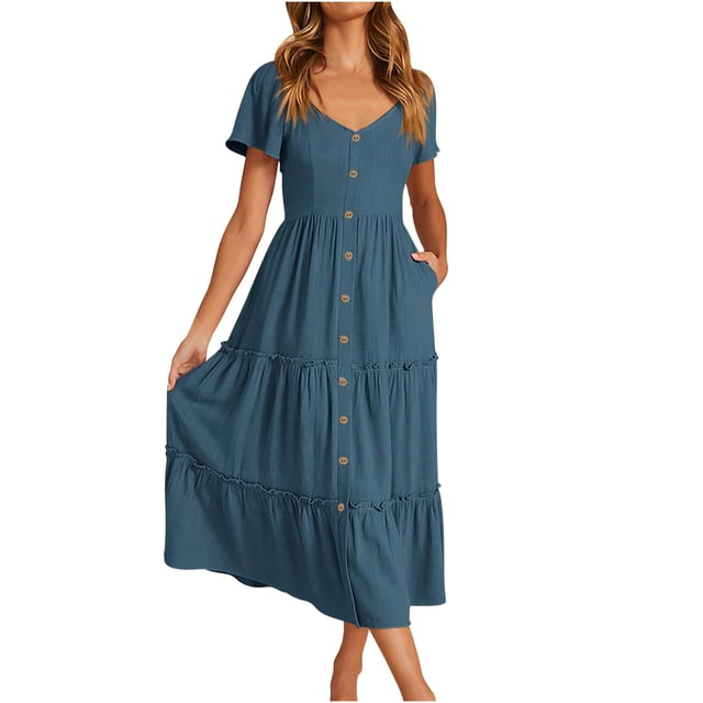 Jusqu'à 65 % de Réduction! Robes de Mode d'Été pour Femmes 2024 Grande Taille Décontractée Manches Courtes Bouton Col en V Robe Midi Fluide de Plage avec Poches