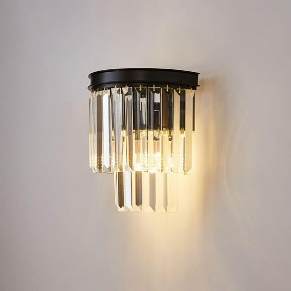 Modern Crystal Sconce Black Metal Wall Light, Easy-to-Fit Crystal Shade E14 Wall Lamp Indoor Decorative Lighting Fixtures for Living Room Hallway Bedroom Bedside Hotel