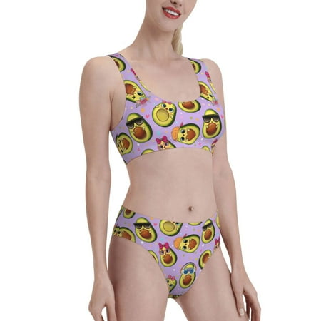 Uemuo Cartoon Avocados Printed Women s High Waisted Bikini Sets Sporty Two Piece Swimsuits Color Block Cheeky High Cut Bathing Suits-