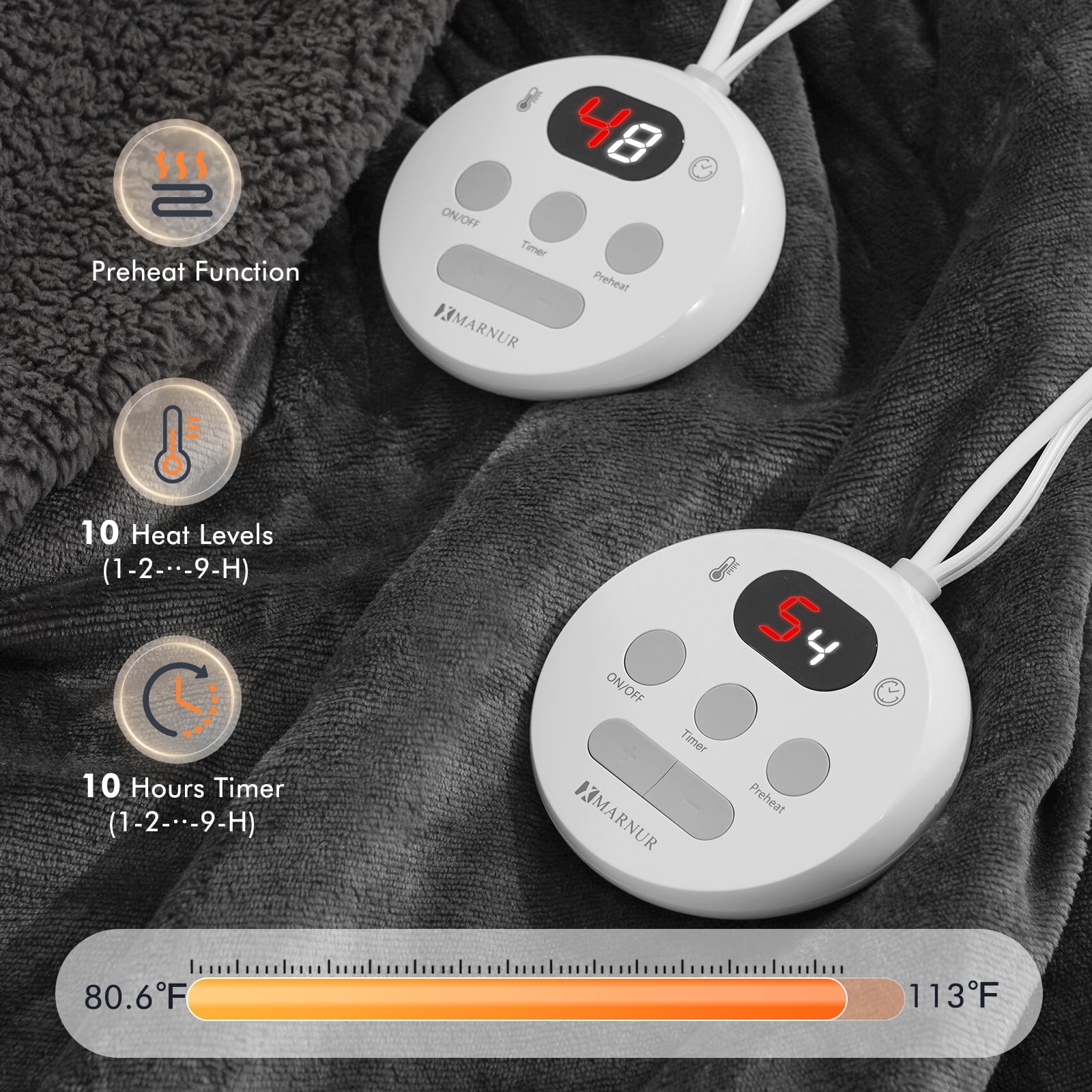 MARNUR Heated Blanket Queen Size 84''x90'', Fast Heating with Dual Controllers Electric Blanket, 10 Heating Levels, 10H Timer, Preheat Function - Gray