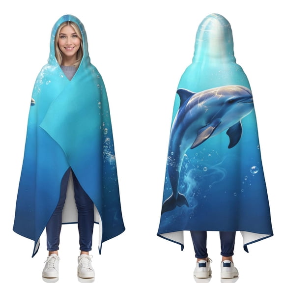Cute Dolphin Wearable Blanket Hoodies for Women Men Adults Dolphin Lovers Soft Cozy Ocean Dolphins Hooded Blankets for Travel Sofa Decor Birthday Gifts 60X80 Inch