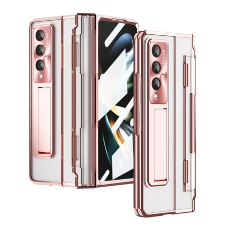 for Samsung Galaxy Z Fold 3 Case, [Full Cover Hinge Protection] Transparent Shockproof Protective Phone Case with Built-in Screen Protector & Magnetic Kickstand for Samsung Z Fold 3, Rosegold