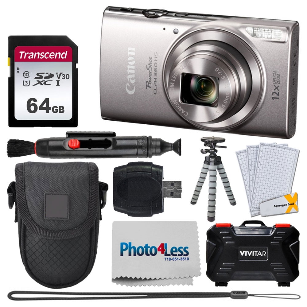 Canon PowerShot ELPH 360 HS Digital Camera (Silver) + 64GB Card + Case