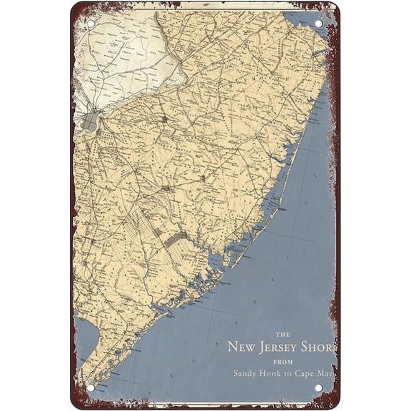 Vintage Map of The New Jersey Shore 8x12 Inches Retro Vintage wall decor Sign Metal Tin Sign room decor wall art Bar halloween decor indoor Wall Decor