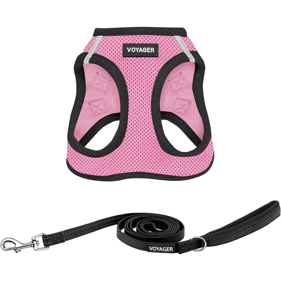 Voyager Step-In Air All Weather Mesh Harness & Reflective Dog Leash Combo w/ Neoprene Handle 5ft , For Small to Large Breed Dogs Cute & Heavy Duty, Best Pet Supplies- Pink Black Trim, S