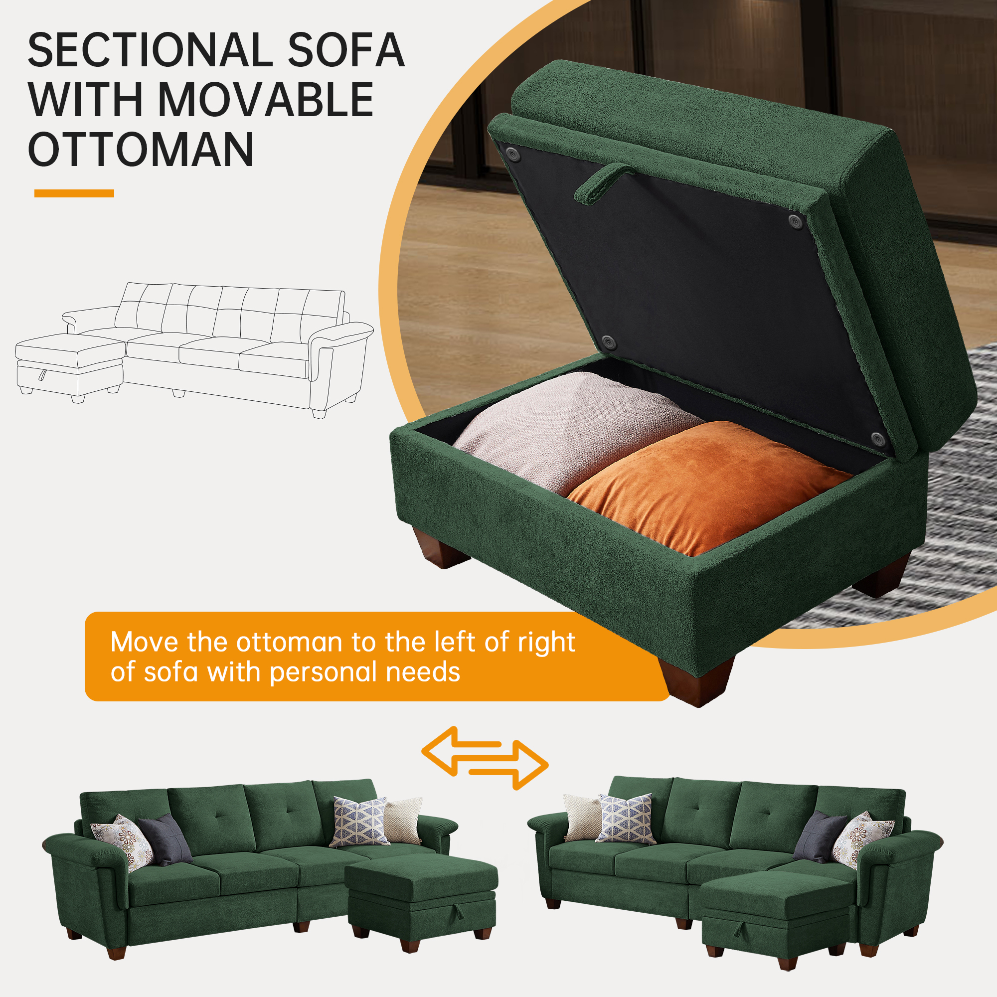 Jarenie HOME Corner Armchair, Convertible Sectional Sofa with Storage, 4 Seat L Shaped Couch, Modern Microfiber Fabric