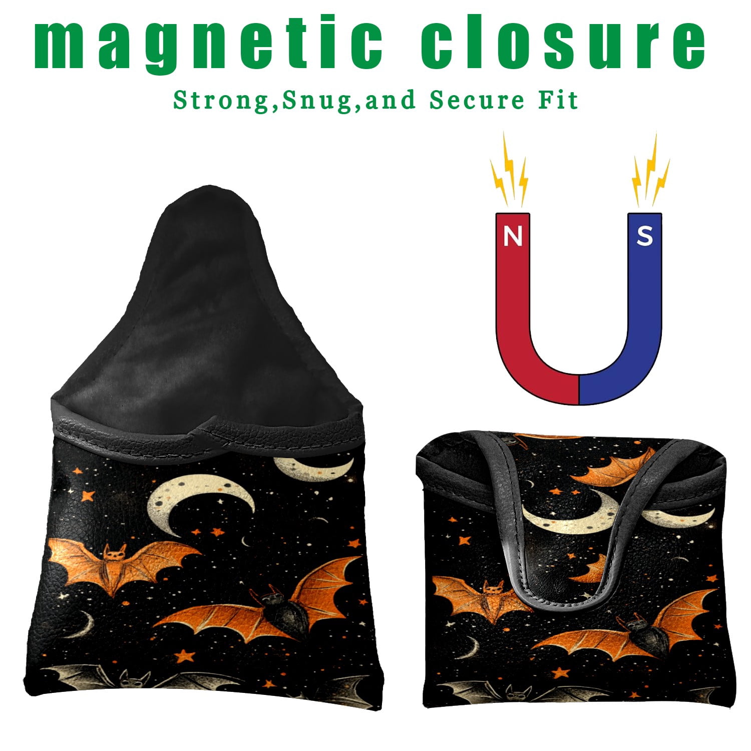 Golf Mallet Putter Cover Premium Leather Waterproof Golf Putter Head Cover with Magnetic Closure Bats Stars Moon