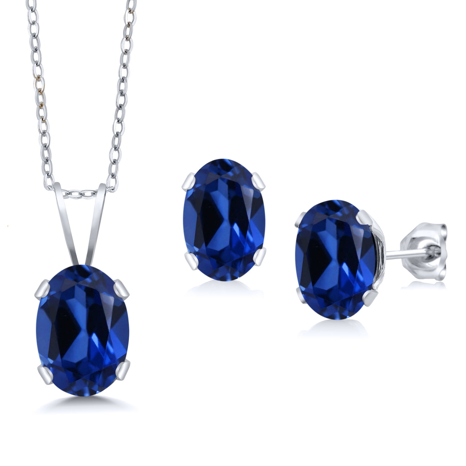 Gem Stone King 925 Sterling Silver Blue Created Sapphire Pendant Earrings Jewelry Set for Women | 2.20 Cttw | Gemstone September Birthstone | Oval 7X5MM | with 18 inch Chain