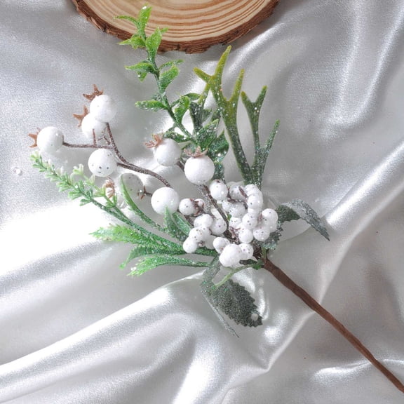 AYktou 8.3 Inch Christmas Fake Plants, Simulation White Berries Faux Branches with Leaves, Artificial Plants Indoor Glitter Snow Cuttings Stems for Gift Box Decor Countertop Flower Arrangement