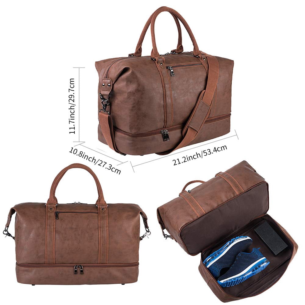 Travel Duffel Bag with Shoe Pouch Large Carry on Bag PU Leather Waterproof Weekender Overnight Bag for Men Women Brown