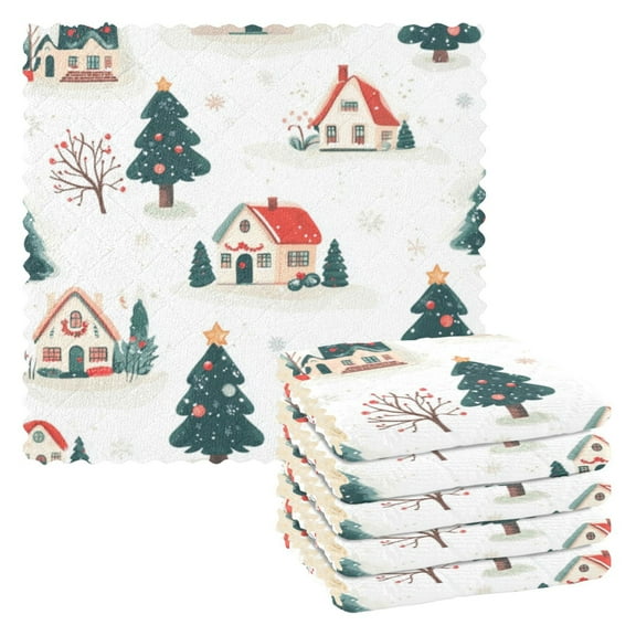 6 Pieces of Kitchen Towels 11x11Inch Kitchen Dish Cloths Kitchen Dish Towels Reuseable Cleaning Cloths Cartoon Cute Christmas House