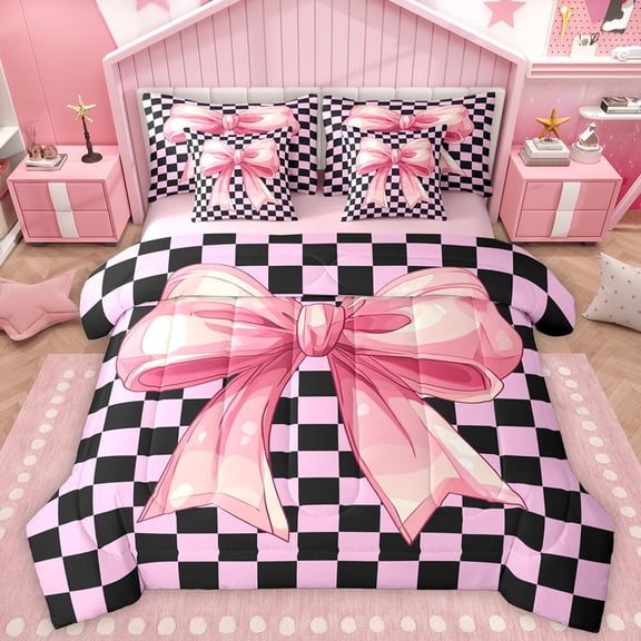 Homewish Dreamy Princess Bowknot Twin Bedding Sets 7-Piece for Kids, Black Pink Checkered Plaid Bedding Comforter Set, Kawaii Ribbon Reversible Sheet Sets, Microfiber Bedroom Decor
