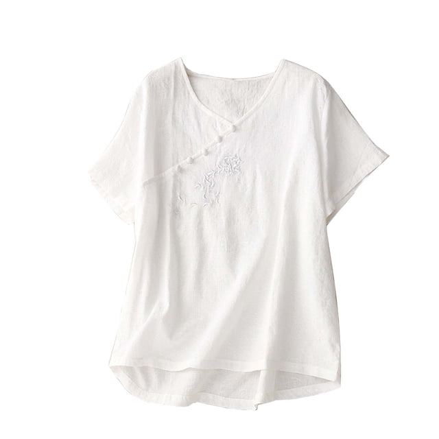 Birdeem Blouses pour Femmes Décontractées Col en V Été Broderie Couleur Unie Rétro Manches Courtes