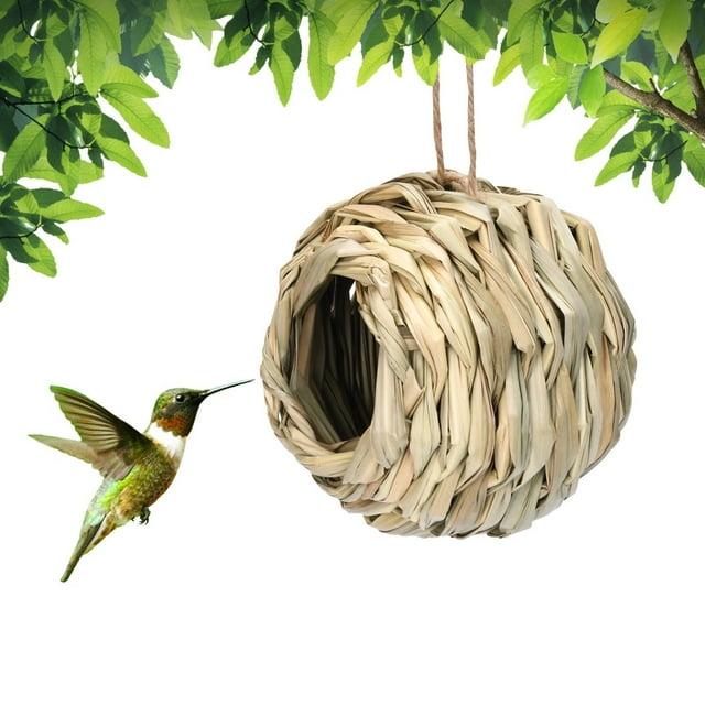 Casa de pájaros de césped tejido a mano - Nido natural exterior colgante para colibríes y aves pequeñas, abertura redonda de 1,8", decoración para jardín y patio