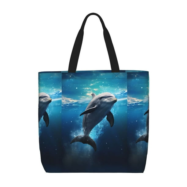 Fotbe Ice Blue Ocean Cute Dolphin Bolsa Tote con Estampado para Mujer, Bolsos con Cremallera, Bolsa de Hombro Casual de Gran Capacidad con Bolsillos Internos