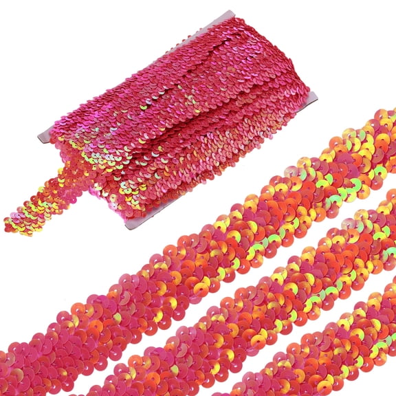 Uxcell 5 Yards 1.2 Inch Elastic Sequins Trim 3 Row Flat Sequin Strip Paillette Fabric Ribbon for Crafts DIY Fringe Sewing Costume Dress, AB Red