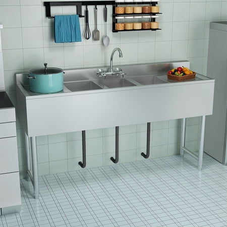 Dextrus Kitchen Sink 3 Compartment Stainless Steel Sink with Double Drainboard Commercial Freestanding Sink for Restaurant, Garage, Utility Sink 60" W x 16" D x 32" H