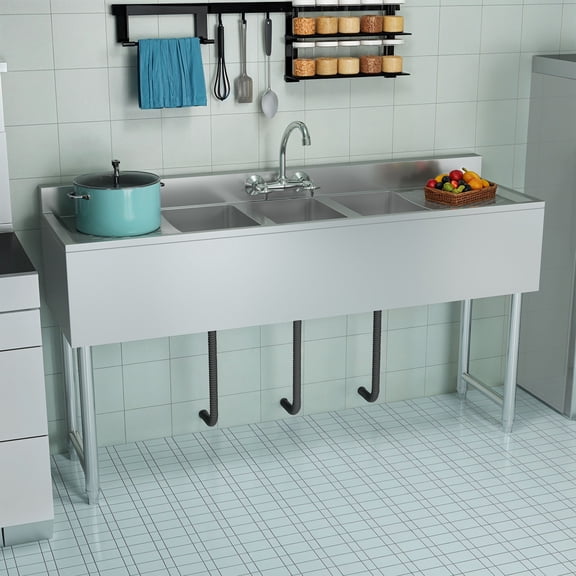 Dextrus Kitchen Sink 3 Compartment Stainless Steel Sink with Double Drainboard Commercial Freestanding Sink for Restaurant, Garage, Utility Sink 60" W x 16" D x 32" H