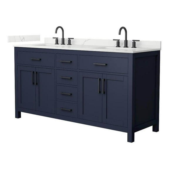 Beckett 66" Dark Blue Double Vanity & Giotto Quartz Top (3-Hole) & Black Trim