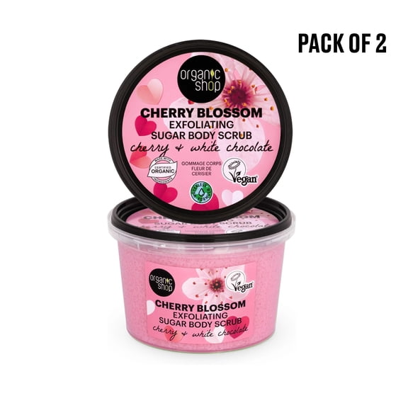 Organic Shop White Chocolate & Cherry, Hydration & Exfoliating Body Scrub, 100% Vegan & Organic, Daily Exfoliant, Detox & Moisturizer, Body, Face, Hand & Foot, Skin Toning. 250ml. Pack of 2