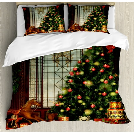 - Christmas Duvet Cover Set, Magical Vintage Ambiance Big Old Fashioned Window Xmas Tree Various Presents, Decorative Bedding Set with Pillow Shams, Brown Red Green, by Ambesonne