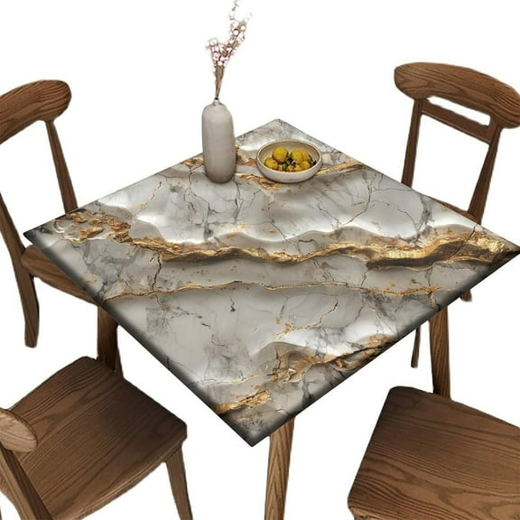 Square Elastic Fitted Tablecloth, Gold Veined Marble Pattern Printed on Oilproof Card Table Cover, Great for Picnics Beach Camping Travel, Fit for 32" x 32" Square Tables