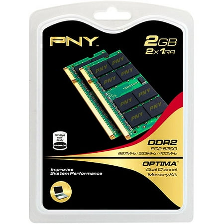 - PNY DDR2 PC2-5300 2GB (2 x 1GB) Dual Channel PC Memory Kit for Laptops
